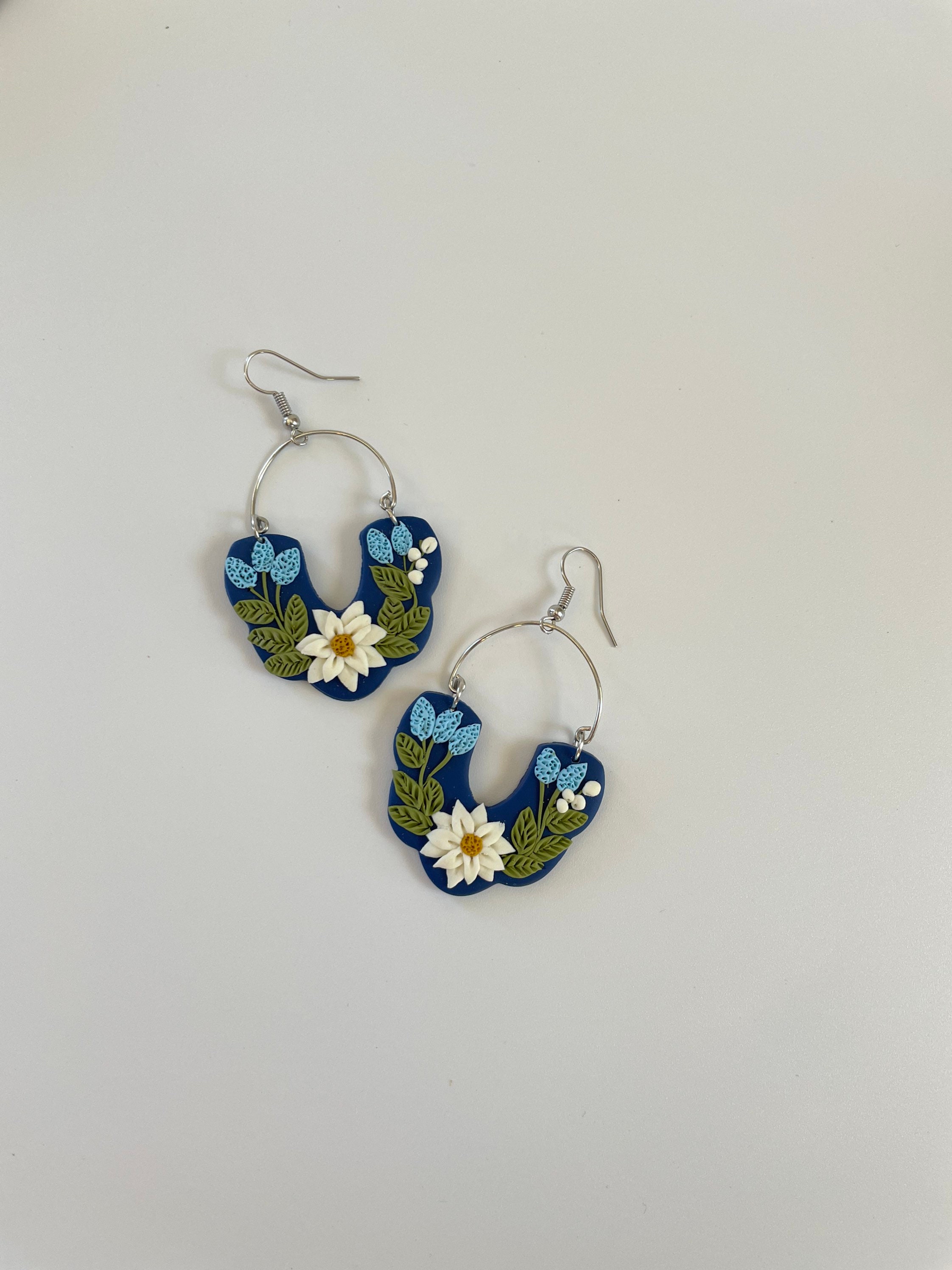 Blue Floral Arch Daisy Statement Earrings, Floral, Colorful Dangle, Polymer clay, Detailed