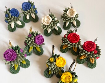 Handmade Polymer Clay Succulent Earrings: Floral Bouquet Dangles