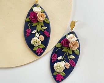 Handmade Wild Rose Polymer Clay Earrings: Floral Dangles