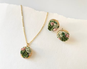 Succulent Jewelry Set: Polymer Clay Necklace and Studs, jewelry gifts