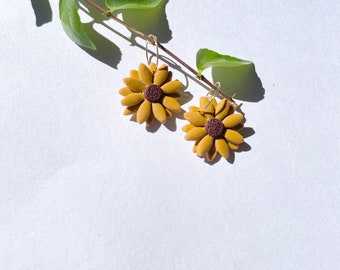 Fall Sunflower Earrings: Mustard Polymer Clay, 18k Gold Hoops, Daisy, Mustard Flower