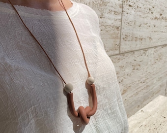 Knotted Chocolate Bead Tube Necklace, Minimalist, Abstract, Modern