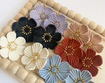 Gardenia Flower Dangle Earrings: Colorful Polymer Clay Florals