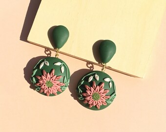 Handmade Polymer Clay Statement Earrings, Emerald, Pink, Detailed Floral, Embroidered Look