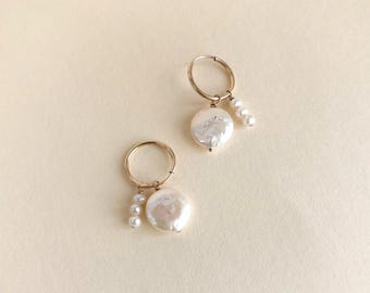 Pearl Charm Hoop Earrings: Sterling Silver or Gold Filled