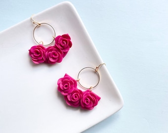 Hot Pink Rose Earrings: 18k Gold Plated Floral Hoops