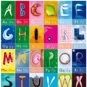 Può includere: Un grafico dell'alfabeto colorato con illustrazioni per ogni lettera. Le lettere sono in grassetto, in bianco. Ogni lettera è abbinata a un'illustrazione colorata, come un paio di occhiali da sole per la lettera B, un dente di leone per la lettera P e una tromba per la lettera T. Il grafico è intitolato "Buchstabilder" e include l'indirizzo del sito web www.buchstabilder.de.