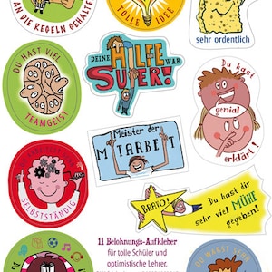 Könnte beinhalten: Set mit 11 bunten Stickern mit Illustrationen und Text auf Deutsch. Die Sticker zeigen Sätze wie "Du hast dich an die Regeln gehalten" (Du hast dich an die Regeln gehalten), "Deine Hilfe war super!" (Deine Hilfe war super!) und "Du warst sehr aufmerksam" (Du warst sehr aufmerksam).