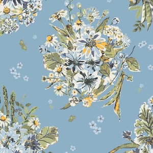 May include: A light blue fabric featuring a repeating pattern of floral bouquets. The bouquets consist of white, yellow, and dark blue flowers with green leaves and stems. Small clusters of tiny light blue flowers are scattered between the bouquets.