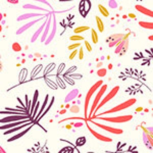 May include: A seamless pattern featuring pink, red, purple, and yellow leaves and abstract shapes on a white background.