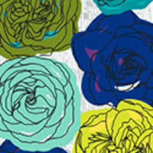 May include: Abstract floral pattern featuring large, stylized flowers in shades of blue, green, and yellow against a white background. The flowers have a layered petal design with black outlines, creating a modern, artistic look.