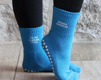It’s Not Locking to U Grip Socks: Embroidered Non-slip Pilates Barre Lagree Yoga Grippy Socks