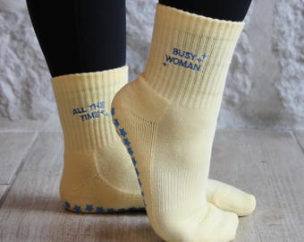 Busy Woman All the Time Grip Socks: Embroidered Non-slip Pilates Barre Lagree Yoga Grippy Socks