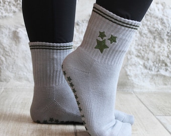 Folklore Holiday Gray Cardigan Grip Socks: Embroidered Non-slip Pilates Barre Lagree Yoga Grippy Socks