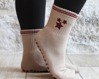 Folklore Holiday Beige Cardigan Grip Socks: Embroidered Non-slip Pilates Barre Lagree Yoga Grippy Socks