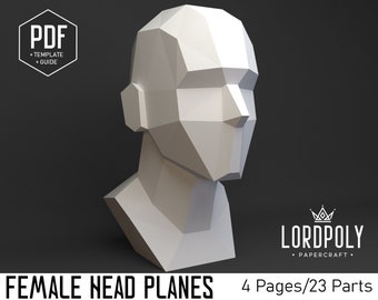 Frauenkopf Flugzeuge, Kopfskulptur, Papierskulptur, Low Poly Skulptur, Papercraft pdf, Papercraft Trophäe, Papercraft, Lordpoly, DIY