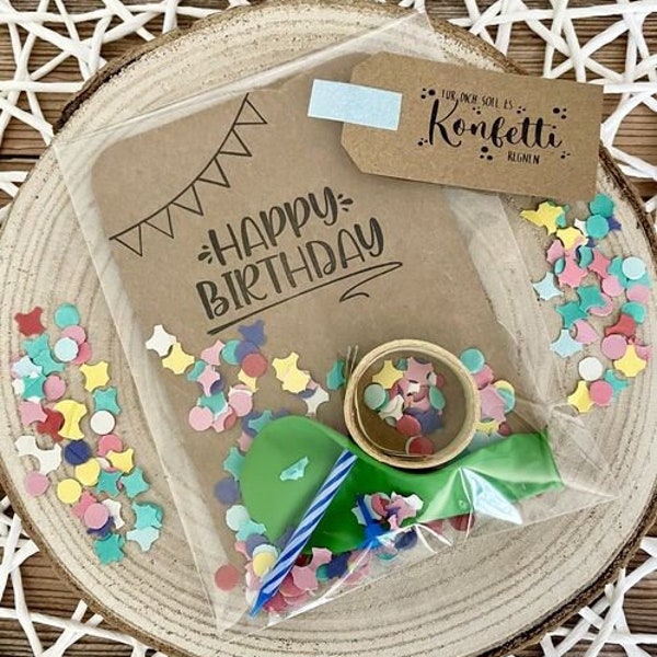 Birthday to go, birthday in a bag, souvenir, birthday set, balloon, streamer, birthday candle, confetti, natural postcard