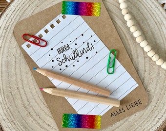School enrollment card pen and paper, hooray school child, card to give away, school enrollment, all the best card nature