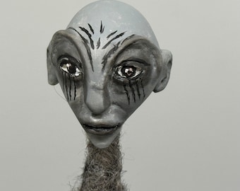 Handmade Grey Alien Art Doll, Posable Fantasy Halloween Decor
