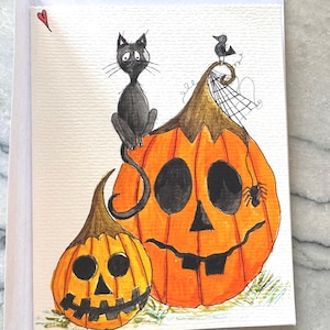 Cartes faites à la main, à l'aide d'un crayon, d'aquarelles et de marqueurs. Lot de quatre cartes. Lot de cartes Halloween