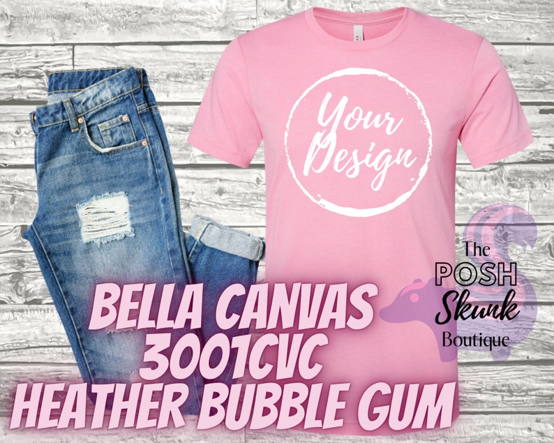 Bella Canvas 3001CVC T-Shirt Mockup 3001CVC Mockup T-Shirt Flatlay Bella Canvas 3001 CVC Heather Bubble Gum