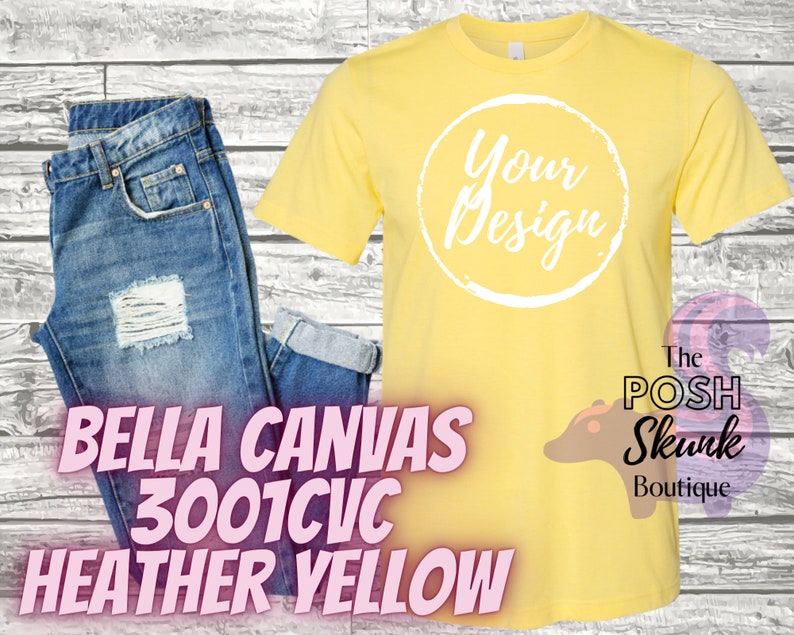 Heather Yellow 3001CVC Mockup Bella Canvas 3001CVC T-Shirt Flatlay T-Shirt Mockup Bella Canvas 3001 CVC