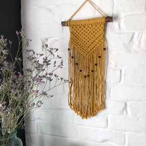 Mustard Yellow Macrame Wall Hanging. Beaded Macrame Wall Hanging. Boho Wall Hanging