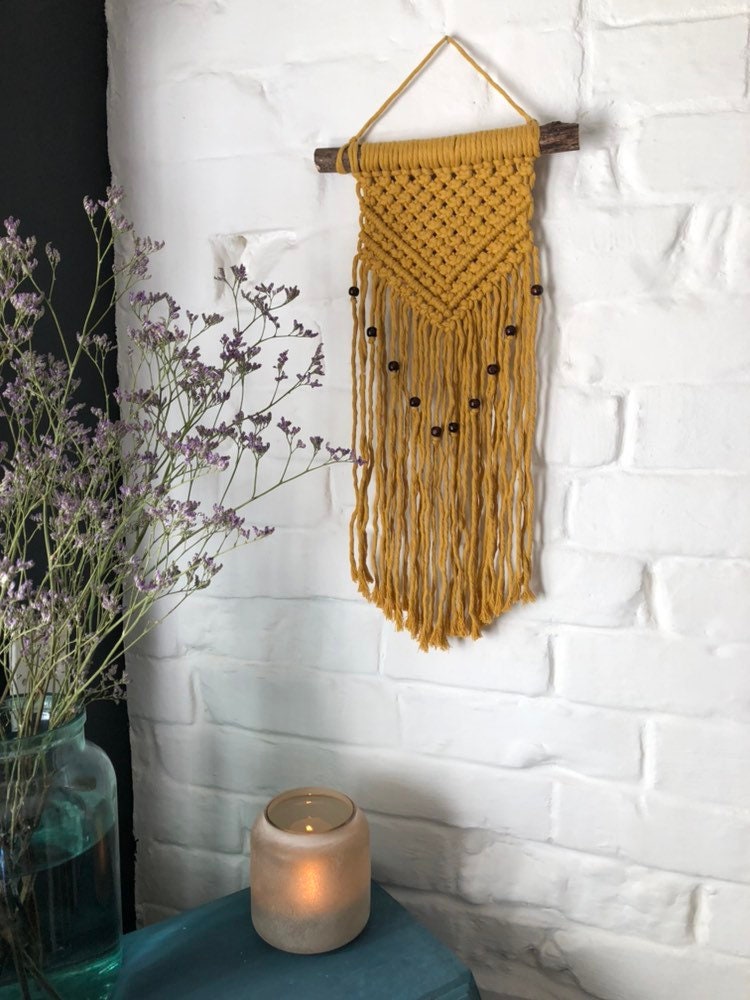 Mustard Yellow Macrame Wall Hanging. Beaded Macrame Wall Etsy