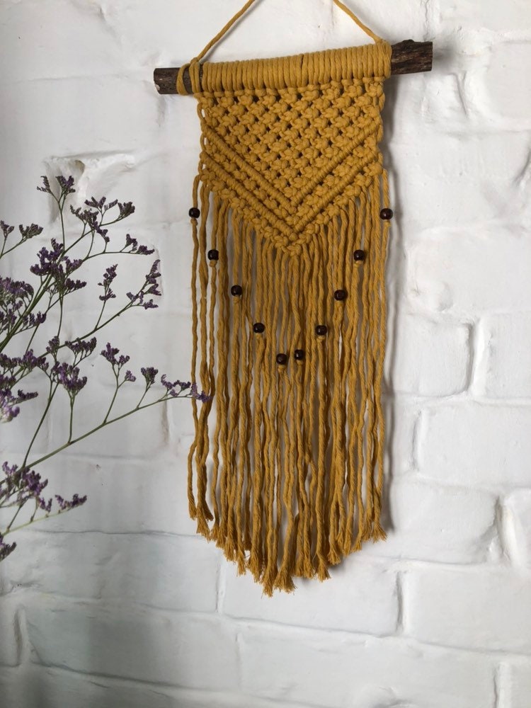 Mustard Yellow Macrame Wall Hanging. Beaded Macrame Wall Etsy