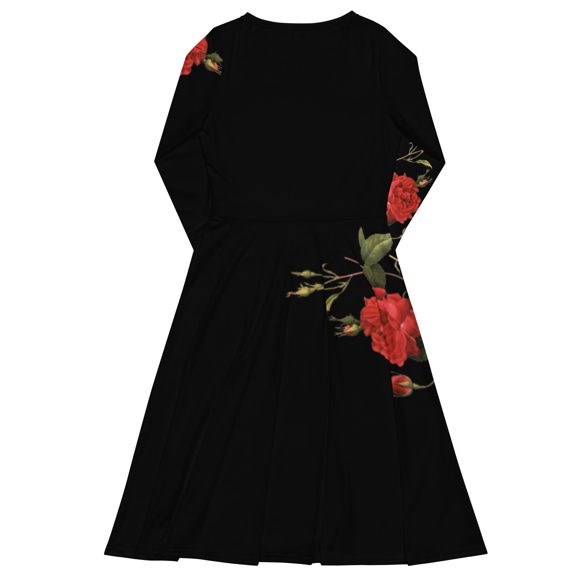 Madame Sivad Winter Rose Black All-Over Print Long Sleeve Midi Dress