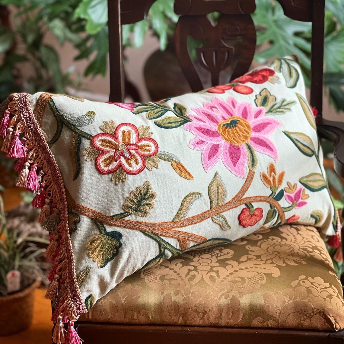 Vintage Inspired Floral Throw Pillow With Tassel Fringe and Etsy UK