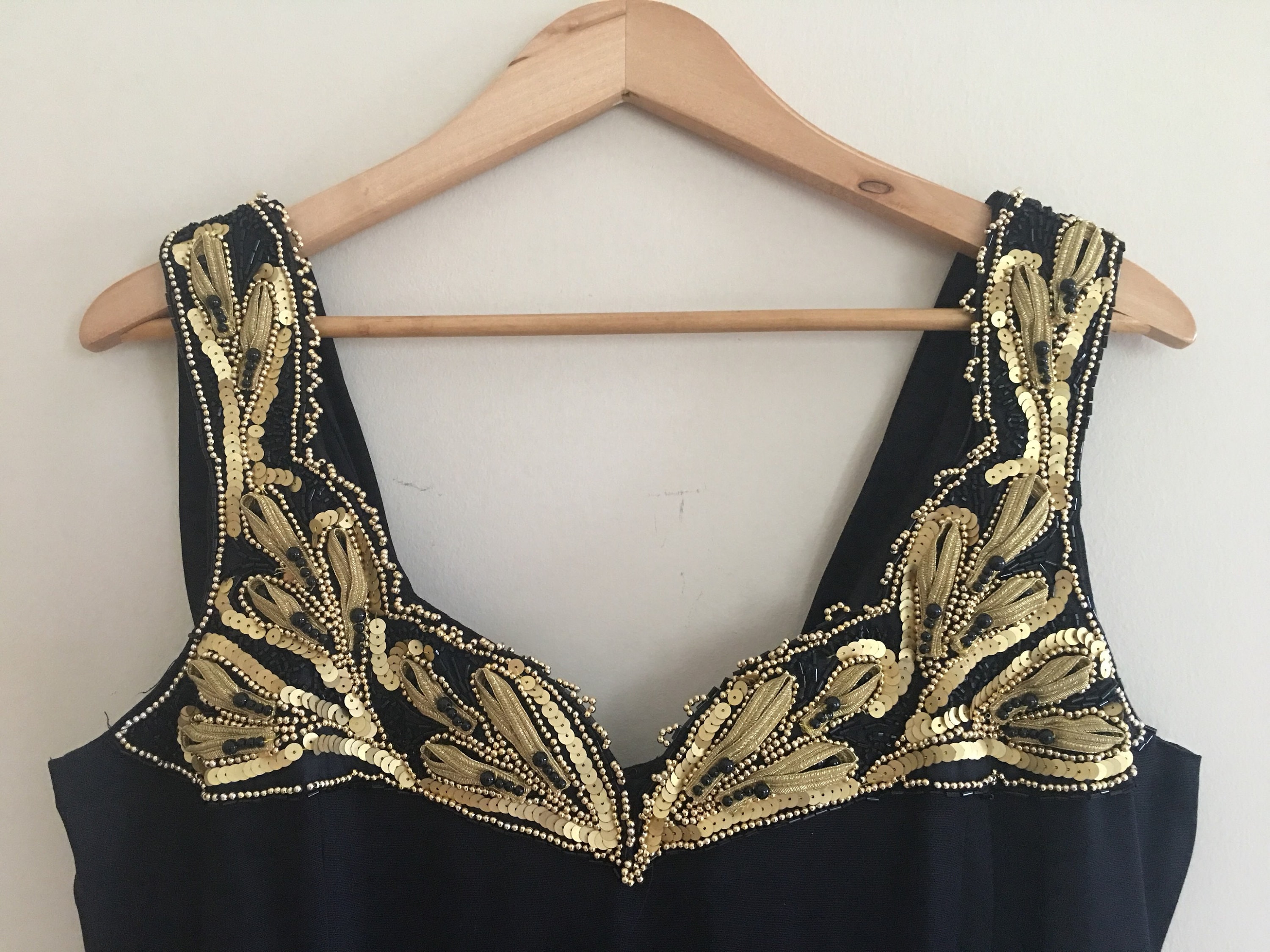 Black Evening Gown with Gold and Black Beaded and Sequins Yoke