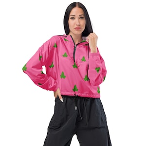 Pink Cropped Windbreaker with Green Ivy Leaves