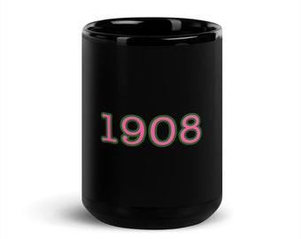 1908 AKA Taza negra brillante 15 oz