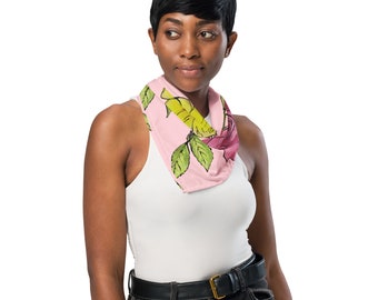 Pink Rose, Ivy and Yellow Flower Print Bandana (soft pink background)