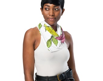 Floral Art Pink Rose, Ivy, and Yellow Flower Print Bandana