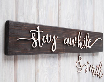 STAY AWHILE Wood Sign, Anniversary Gift, adventure Sign, Wooden Name Sign, Personalized Sign, Housewarming Sign, Family Gift,Christmas Gift