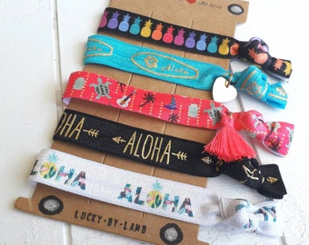 Bracelet Aloha, pineapple, hair tie, tassel, set, hair, selection, printed, print, font, motif, symbol, heart, letter, name, Hawaii