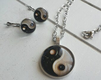 Kette, Yin Yang, Ohrringe, Set, Amulett, Medaillon, Yoga, spirituell, individualisiert, Symbol, Zeichen, Baum, Schmuck, Ohrring, Halskette