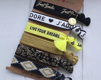 Bracelet smile, hair tie, set, hair, selection, printed, print, font, motif, symbol, smiley, neon, courage, J'ADORE, Dream, Joy, Aztek