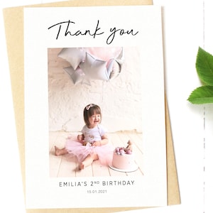 Carte postale de remerciement personnalisée pour le deuxième anniversaire de bébé avec photos, jolie carte de 2e anniversaire, mot de remerciement pour mes cadeaux, 1er 2e 3e 4e 5e