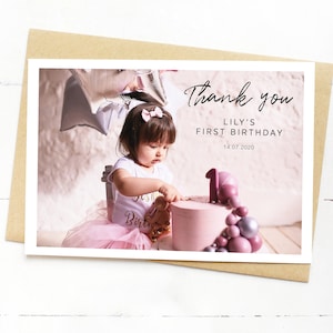 Cartão postal personalizado de agradecimento pelo primeiro aniversário do bebê com foto, Cartão fofo para o primeiro aniversário, Cartão de agradecimento pelos meus presentes, 1º, 2º, 3º, 4º e 5º aniversário