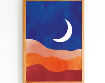 Retro Moon Desert Print, Mid-Century Night Sky Landscape Wall Art, Boho Crescent Moon Poster, Minimalist Celestial Home Decor Artwork
