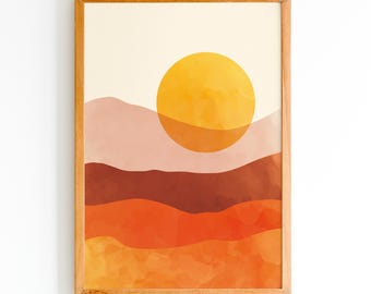 Burnt Orange Desert Sunset Print, Mid Century 70s Colour Block Wall Art, Boho Horizon Poster for Living Room, Retro Sun-Strip Home Decor