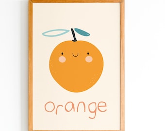 Happy Orange Print, Cute Kids Fruit Poster, Kawaii Nursery Wall Art, Neutral Pastel Boho Playroom Decor, Children’s Bedroom Print Artwork