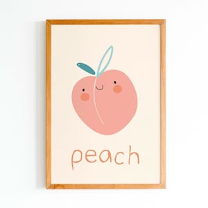 Cute Peach Print, Kids Fruit Poster, Happy Peachy Kawaii fruits for Nursery Room, Wall Art for Toddler, Artwork for Playroom, Children Decor