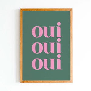 Oui oui oui print, French toilet humour poster, Typographic funny loo art, Bathroom Printable Gallery Wall Art, Home Decor green and pink
