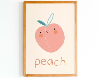 Cute Peach Print, Kids Fruit Poster, Happy Peachy Kawaii fruits for Nursery Room, Wall Art for Toddler, Artwork for Playroom, Children Decor