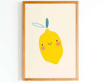 Cute Lemon Citrus Print, Kids Fruit Poster, Happy Kawaii fruits for Nursery, Wall Art for Toddler, Artwork for Playroom, Decor for Children