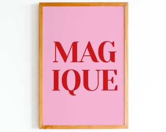 Magique roze en rode print, Franse Quote Poster, Magic Typographic Word Art, Minimalistische Gallery Wall Art, Minimal Bedroom Home Decor